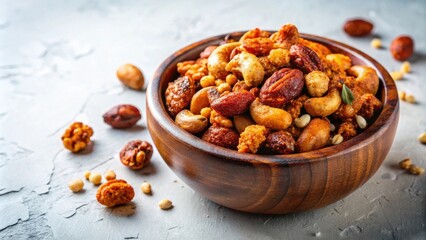 Fototapeta premium Aromatic Spiced Mixed Nuts in a Rustic Wooden Bowl