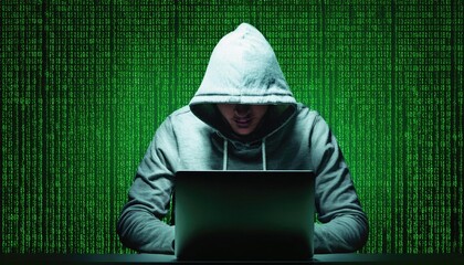  Man hacker. Cyber criminal. Shadow of programmer with laptop. Hacker among binary code