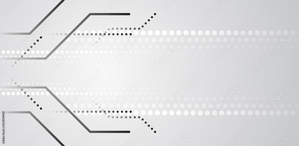 Poster Futuristic white and gray stripes. Modern high-tech background for presentations and websites. Digital internet communication. Abstract background with glowing dynamic lines and circles.