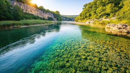 Fototapeta premium River canyon nature idea. A serene river flows through lush greenery, reflecting the vibrant hues of nature.