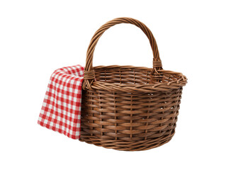 Rustic wicker basket with a curved handle and a red and white checkered cloth draped over the side, isolated on white background