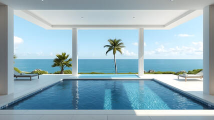 Fototapeta premium Luxury sea view swimming pool in modern white beach house - 3d rendering. Generative AI