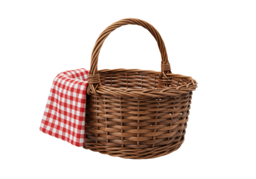Rustic wicker basket with a curved handle and a red and white checkered cloth draped over the side, isolated on white background