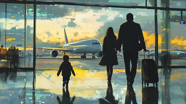 Un momento emotivo en el aeropuerto donde un ni&Atilde;&plusmn;o se&Atilde;&plusmn;ala hacia los aviones mientras camina junto a sus padres, reflejando la emoci&Atilde;&sup3;n del viaje