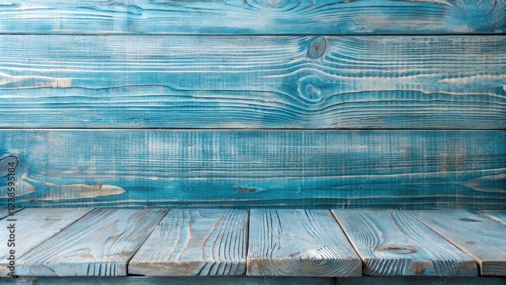 Aufkleber rustic blue wooden background with horizontal planks and empty tabletop ideal for product displays o