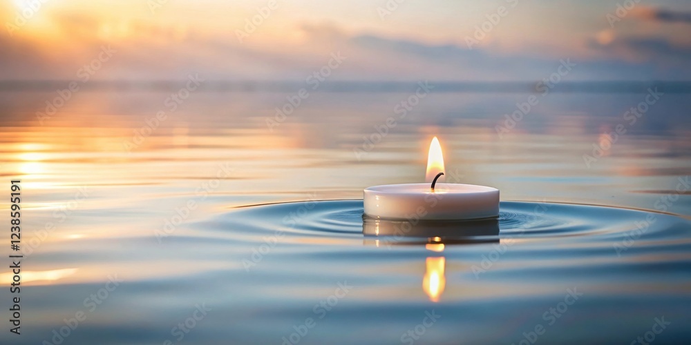 Aufkleber serene sunset a single candle floats gently on calm water, creating concentric ripples at twilight.