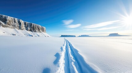 Snowy landscapes nature idea. Pristine snowy landscape with clear blue sky and distant cliffs in the background.