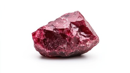 A rough garnet stone exhibits a stunning display of rich red hues, beautifully contrasting against a pristine white background that enhances its vibrant colors