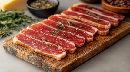 Obraz premium Ketogenic diets focus on ketosis and strategic meal prep. Sliced cured meat arranged on a wooden board with herbs and spices.
