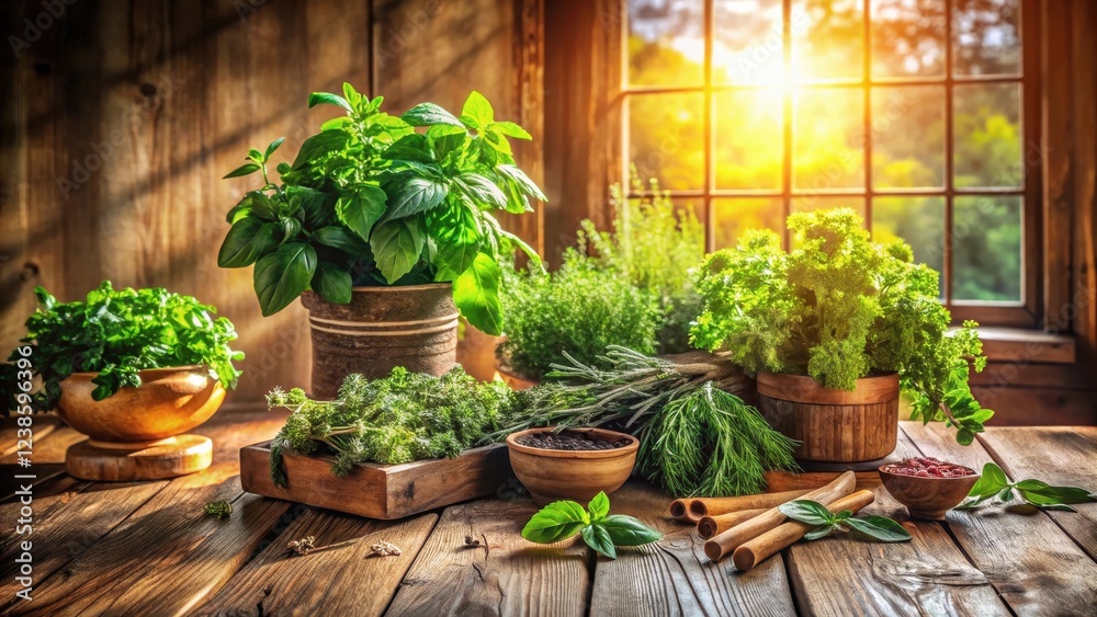 Aufkleber rustic wooden table with a sunlit window background showcasing an assortment of fresh herbs in vario