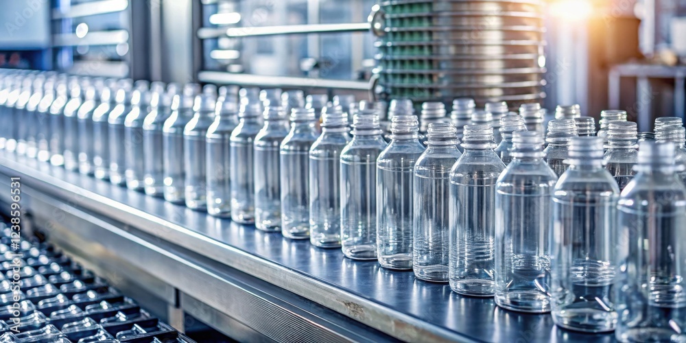 Aufkleber rows of empty clear plastic bottles on a factory conveyor belt during the production process