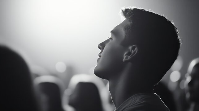 Portrait of a young man enjoying music at a concert with dramatic lighting highlighting his profile against a blurred crowd in the background during an evening performance
