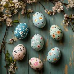 Obraz premium Colorful Easter eggs arranged on a rustic wooden surface adorned with blossoms and greenery, celebrating springtime decoration