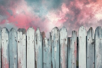 Fototapeta premium Weathered wooden fence against a dramatic, pink and grey cloudy sky.