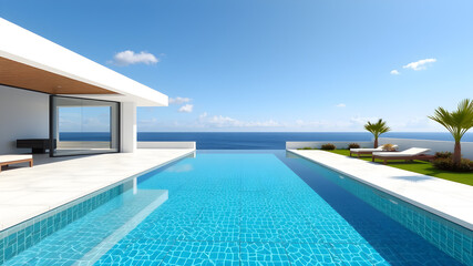Fototapeta premium Luxury sea view swimming pool in modern white beach house - 3d rendering. Generative AI