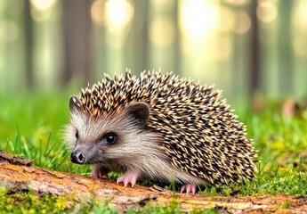 Fototapeta premium Cute Hedgehog on a Tree Log Surrounded by Green Grass in Nature