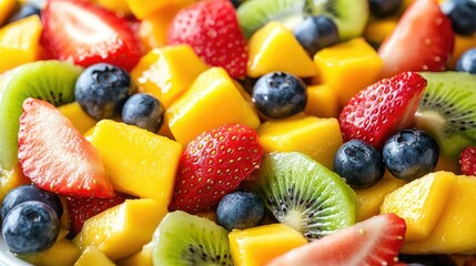 Colorful and Fresh Fruit Salad Featuring Strawberries, Blueberries, Mango, Kiwi, and Other Delicious Fruits, Perfect for Summer Parties and Healthy Snacking Options