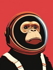 Fototapeta premium Vintage poster featuring a space-traveling monkey in a retro spacesuit against a bold background from the mid-20th century showcasing imaginative exploration
