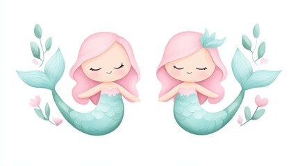 This delightful watercolor artwork showcases a pair of adorable mermaids, adorned in soft pastel hues, while being elegantly framed by intricate and delicate foliage