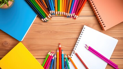 Obraz premium Top view of colored pencils, paper, notepads on the table.