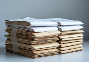 Neat stacks of brown and white cardboard sheets secured with tape, set against a bright white background. The image has a clean, organized aesthetic