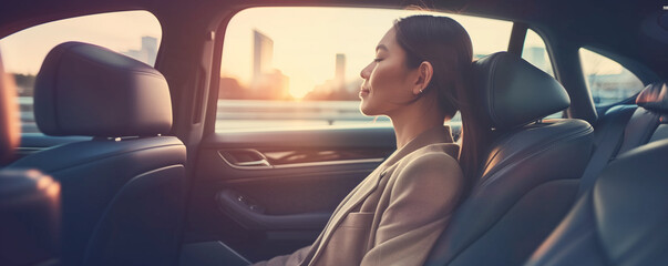 A professional woman relaxes in the backseat of a car, enjoying the city view during sunset. The peaceful ambiance reflects comfort, elegance, and a moment of calm reflection.