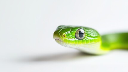 Fototapeta premium An elegant lunar snake glides effortlessly against a pristine white background, highlighting its vibrant green scales and stunning, striking features in a captivating display