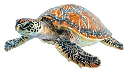 Realistic illustration of a sea turtle swimming gracefully in crystal-clear waters, showcasing its vibrant shell patterns and intricate details in a stunning marine environment.