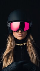 Wide angle view of a young woman wearing a black helmet and pink goggles, exuding confidence and style in a minimalist setting
