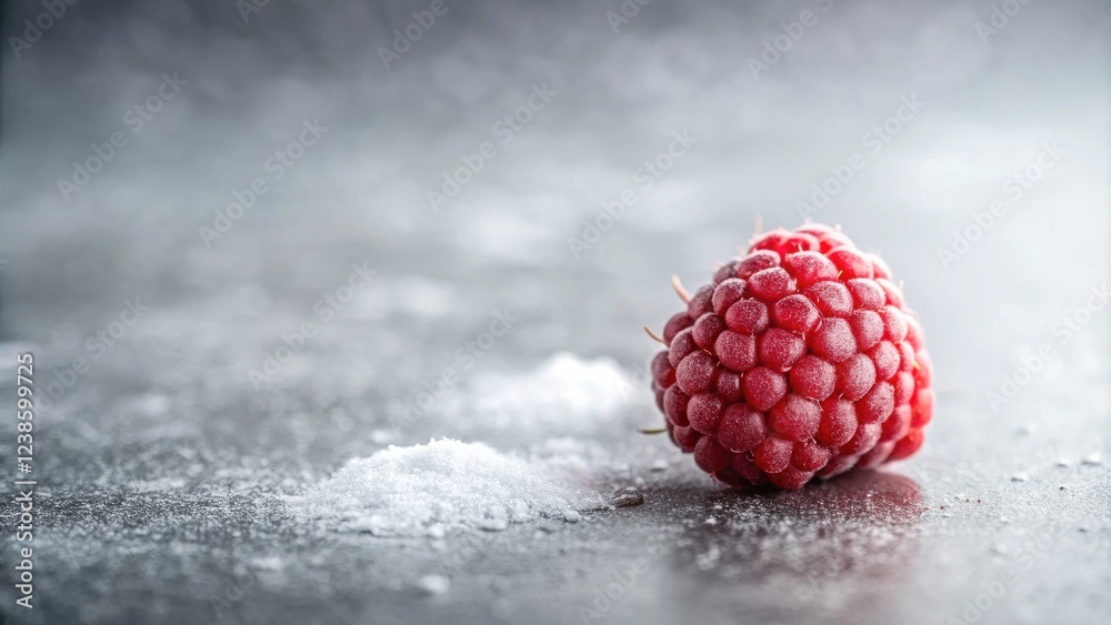 Poster A single, frosty raspberry rests on a dark surface, adorned with a dusting of ice crystals.