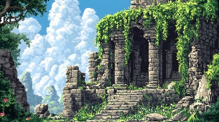 Obraz premium Enchanting Pixel Art Ruins with Lush Overgrown Vines and Foliage in Fantasy Adventure Stage