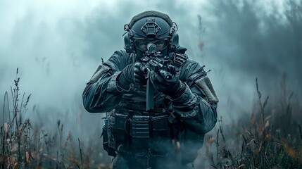 Soldier in Combat: A Dramatic Scene of Military Action in the Fog
