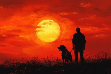 Fototapeta premium Silhouetted Man And Dog Stand In Tall Grass At Sunset, Gazing At A Large, Fiery Sun.