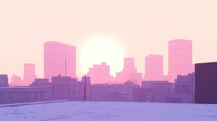 Fototapeta premium Pink and purple city skyline at sunrise. Low polygonal style, minimal detail, soft light. Calm, peaceful atmosphere. Simple geometric shapes form