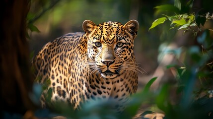 Naklejka premium A stunning portrait of a majestic leopard in the wild for nature lovers and wildlife enthusiasts