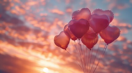 Whimsical Heart Shaped Balloons Floating in a Dreamy Sunset Sky