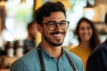 Obraz premium A cheerful barista wearing glasses and a denim shirt smiles warmly in a bustling cafe setting, with customers visible in the background.