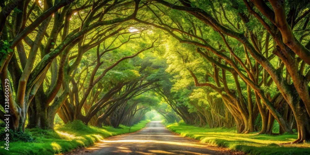 Poster sunlit path through a lush, verdant canopy of intertwined trees