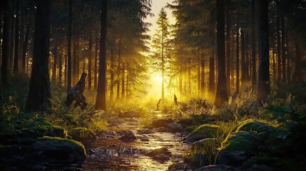 Obraz premium Golden Hour in the Enchanted Forest with A Serene Sunrise Landscape