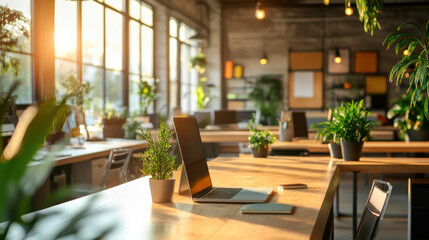 Fototapeta premium Modern open-plan office with wooden desks, laptops, and green plants, creating a productive and eco-friendly workspace filled with natural light