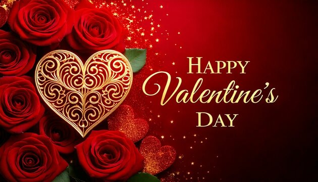 Czerwona kartka walentynkowa z ozdobnym złotym sercem, czerwonymi r&oacute;żami i życzeniami