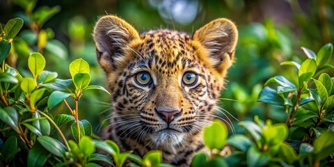 Fototapeta premium Curious Leopard Cub Hidden in Lush Green Bushes - Wildlife Stock Photo