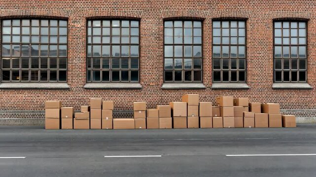 Cardboard boxes are neatly stacked against an industrial brick wall along a city street on a clear day