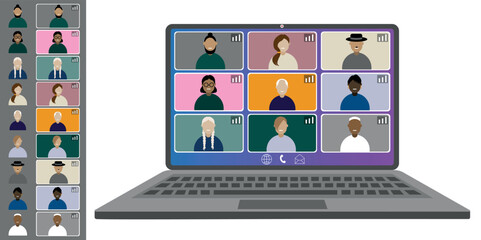 Video call conference, working from home. Colleagues of different nationalities and ages talk to each other on the laptop screen. Isolated illustration on white background in flat style trendy colors