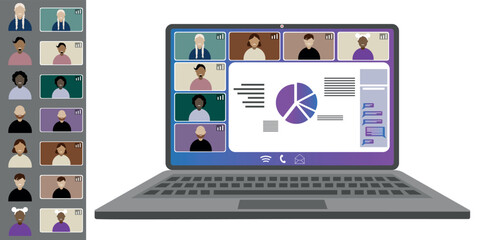 Video call conference, working from home. Colleagues of different nationalities and ages talk to each other on the laptop screen. Isolated illustration on white background in flat style trendy colors