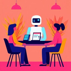 Two people engage in a meeting with a friendly robot at a vibrant table, surrounded by colorful plants, showcasing a blend of technology and collaboration.