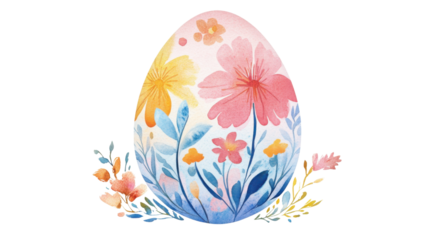 Watercolor easter egg decorated with colorful flowers on transparent background