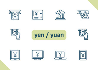 Yen, Yuan icons. Currency, Chinese, Japanese, money, cash, payment, savings, investment vector icon set