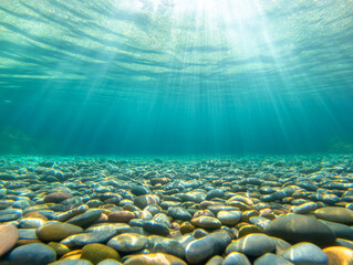 Underwater sunlight rays illuminate smooth pebbles on riverbed beneath crystal clear turquoise water surface nature tranquility.