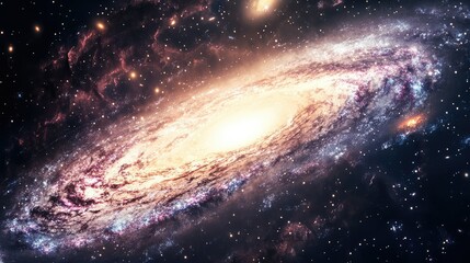 Stunning Image of Spiral Galaxy with Bright Core Surrounded by Colorful Nebulae and Stars in the Depths of Space Capturing the Beauty of the Universe